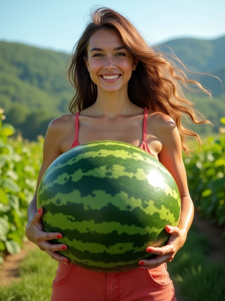 woman holding a huge watermelon