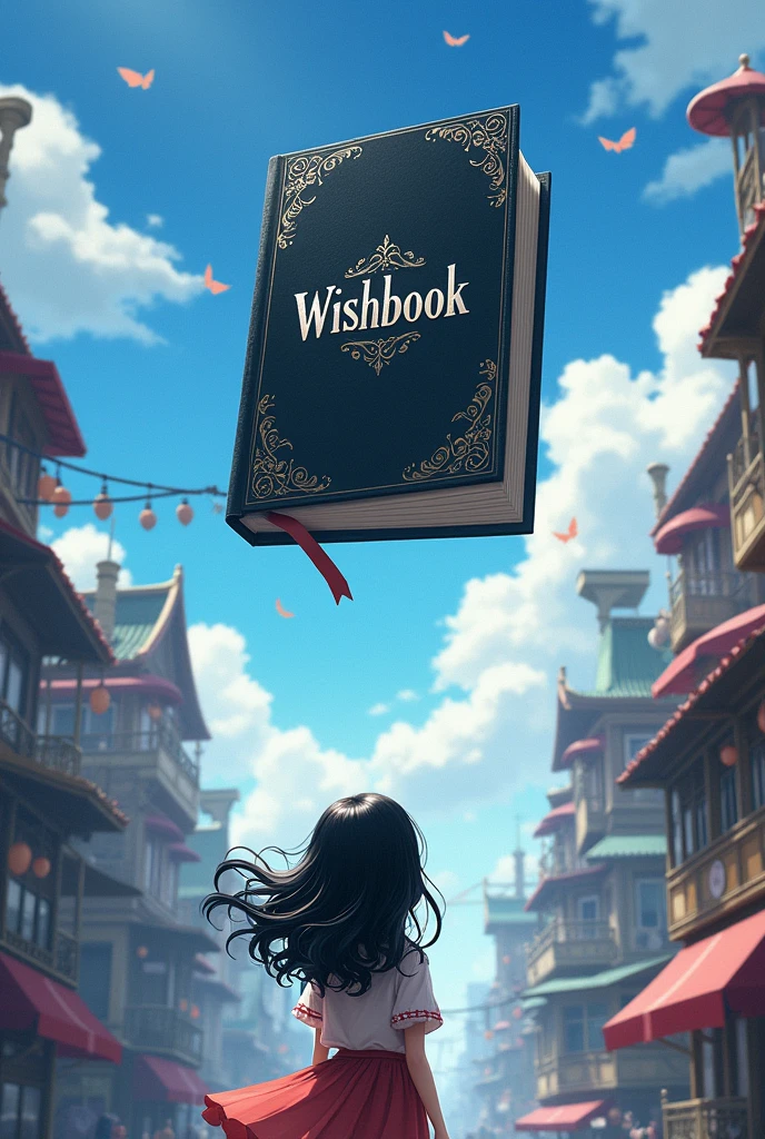 Create an old fashioned black enchanted notebook with only the shiny silver wishbook writing ,falling from the sky onto the city floor above a cute white Asian girl with huge black hair