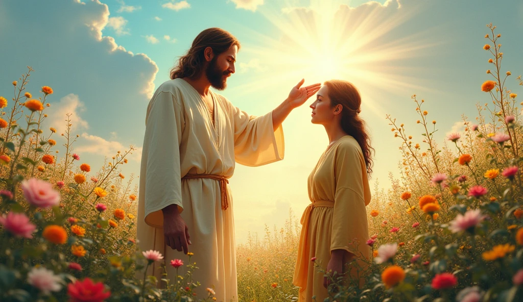 Jesus standing in a field of flowers, gently touching a person’s forehead with healing light.