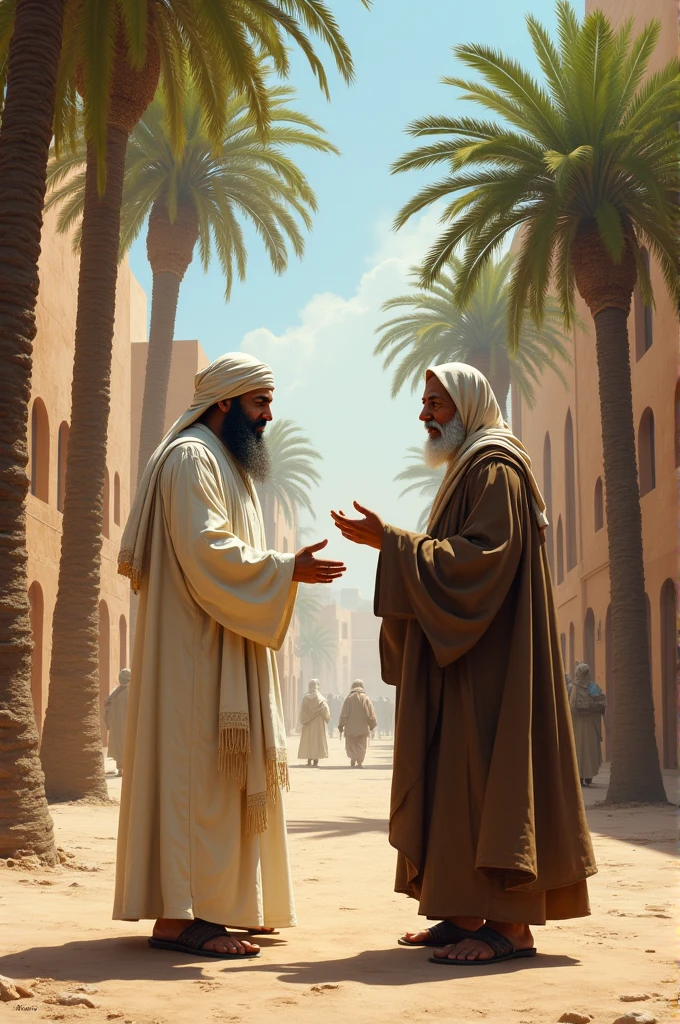 A dervish talking to a beggar on the streets of Medina. 
There are many palm trees on both sides of the road.