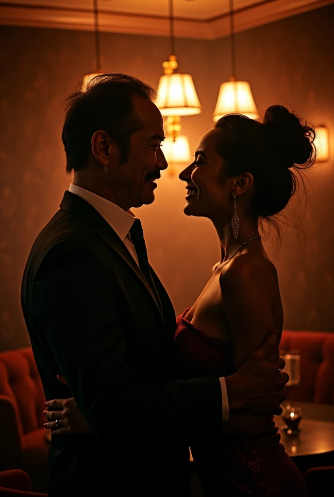 "In an exclusive lounge, dimly lit with soft jazz playing, Masaki Tanaka, age 58, a well-respected business tycoon, in a tête-à-tête with a beautiful hostess, age 22, plush velvet upholstery and mahogany setting, in a photorealistic image, cinematic style, Masaki in a perfectly tailored suit, relaxed yet commanding posture, arm around the hostess's slender waist, sharp eyes reflecting golden light, sharing a private joke, hostess in a figure-hugging dress, leaning into Masaki, atmosphere electrifying with charisma, clink of glasses, shared laughter, mutual attraction, intimate yet public setting, 50mm lens, warm and intimate lighting, high resolution 8K, capturing the essence of sophisticated flirtation and elite lifestyle (cinematic style:1.4), (sophisticated flirtation:1.3), (elite lifestyle:1.2)"