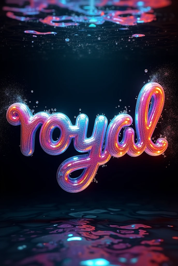 3D abstract rainbow liquid,membentuk text"ROYAL" low angle camera shot from under water, paint sprayed to water from left and right side, paint in rainbow colours, black background, illustrative, UHD