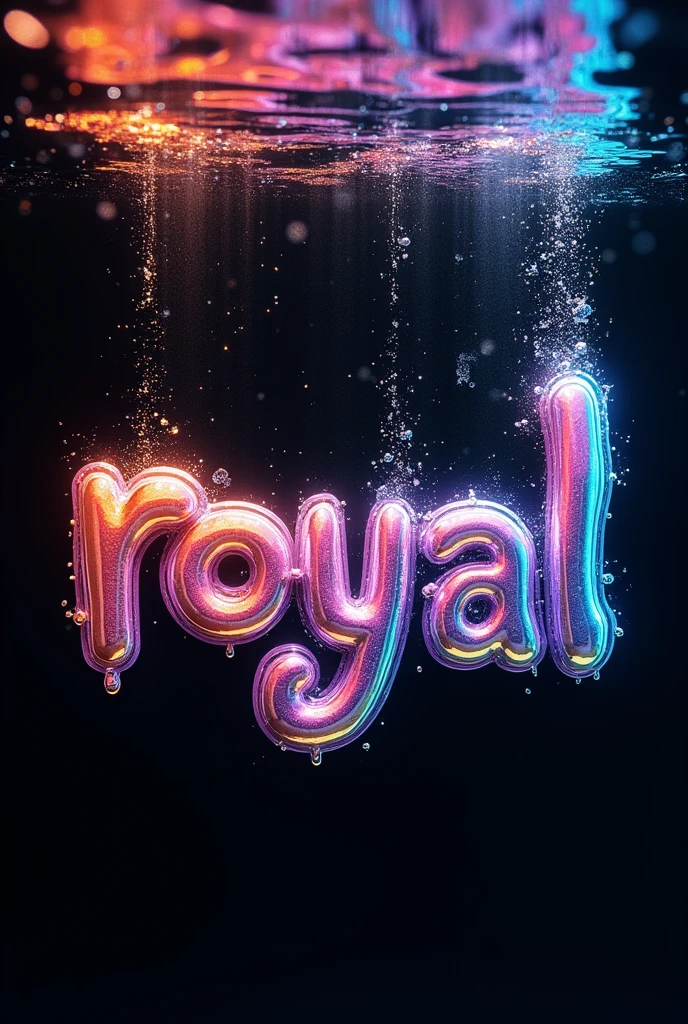 3D abstract rainbow liquid,membentuk text"ROYAL" low angle camera shot from under water, paint sprayed to water from left and right side, paint in rainbow colours, black background, illustrative, UHD 