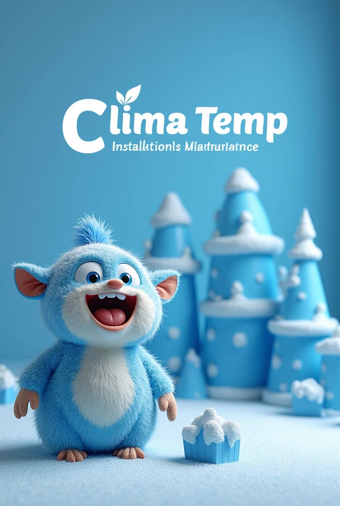 Advertisement for an air conditioning installation and maintenance company called Clima Temp.
no person in the image.
It could be a mascot or animal that ends in cold or comfort..
With a very innovative logo between the name or next to the company name.
Advertisement with a modern look.