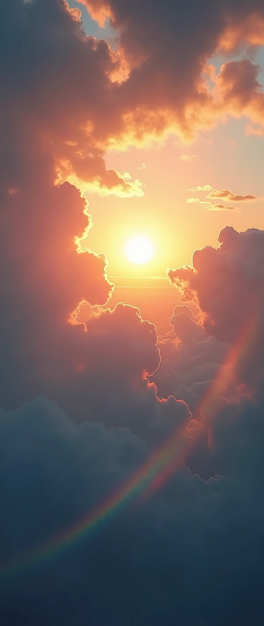 (masterpiece:1.2,Exceptional Quality,mirror-like,Cinematic Experience),8k,wallpaper,(rainbow:2.0),The sun is visible through a round gap in the clouds,(dynamic:2.0)
