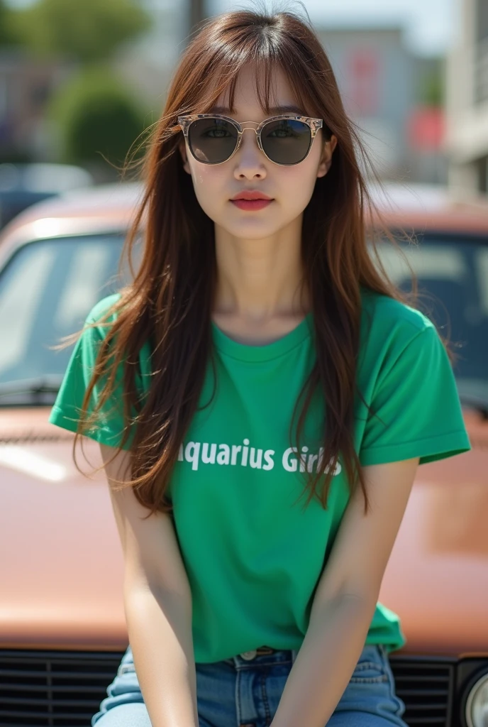 A person Japanese girl 25 yo,brown long hair , sunglasses Oakley,green T-shirt with name "Aquarius gilrs"shirt of girl with uperr sitting on brown car ,hd