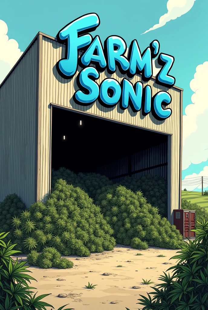 entrepôt avec cargaison de weed et il y'a ecrit Farm'z Sonic en bleu en haut en cartoon