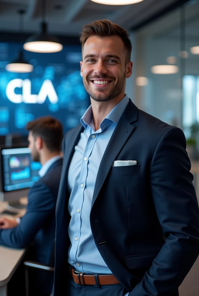 &quot;Create an image of an attractive man with a snow-white smile and an athletic build. He should have a confident and inviting expression on his face., he should be dressed in business attire. Design must convey professionalism, trust and innovation, and subtle elements of digital technology or blockchain in the background should highlight the company&#39;s technological focus. The overall look should be stylish., professional and attractive. The background is an office where employees sit and analyze cryptocurrency charts on their computers., On the walls there is the company logo, 3 large letters CLA and a clearly legible inscription Cripto labs analytics»