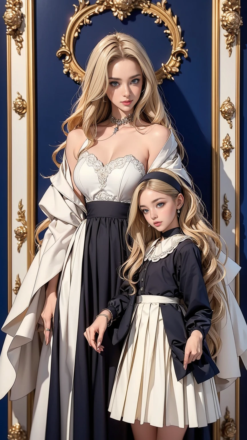 In the family portrait, Madame Seraphina and her daughter Isabella stand side by side, strikingly similar yet distinctly different. Seraphina, the headmistress, is dressed in her professional attire: a tailored pencil skirt that accentuates her slim waist and a low-cut silk blouse that reveals her flawless complexion and youthful beauty. Her accessories, a string of pearls around her neck and diamond studs in her ears, add an air of sophistication to her look. Her long, wavy hair is styled perfectly, and her captivating eyes look straight into the camera, exuding an air of power and authority. Her full lips curve into an enigmatic smile, hinting at the complex character beneath her stunning exterior.

Standing next to her, Isabella is a mirror image of her mother in her younger years. Her school uniform, a crisp white blouse tucked into a navy-blue skirt, is worn with a unique flair. The skirt is daringly short, showcasing her long, model-like legs. Her tie is knotted perfectly, and a vintage silver locket hangs around her neck, subtly hinting at her rebellious nature. Her blonde hair, similar to her mother's, cascades down her shoulders, adding to her youthful charm. Her captivating blue eyes, a carbon copy of her mother's, sparkle with a mix of innocence and mischief.

Both women, despite the difference in their attire, stand tall and confident, their postures radiating elegance and authority. The family resemblance is unmistakable, from their physical features to their shared sense of style. Yet, their individual personalities shine through, creating a captivating contrast. Seraphina's dominance and power are balanced by Isabella's youthful rebellion and charm, making this family portrait a testament to their complex and intertwined relationship.