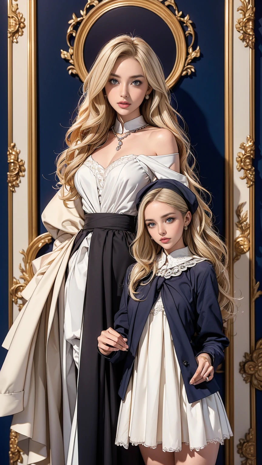 In the family portrait, Madame Seraphina and her daughter Isabella stand side by side, strikingly similar yet distinctly different. Seraphina, the headmistress, is dressed in her professional attire: a tailored pencil skirt that accentuates her slim waist and a low-cut silk blouse that reveals her flawless complexion and youthful beauty. Her accessories, a string of pearls around her neck and diamond studs in her ears, add an air of sophistication to her look. Her long, wavy hair is styled perfectly, and her captivating eyes look straight into the camera, exuding an air of power and authority. Her full lips curve into an enigmatic smile, hinting at the complex character beneath her stunning exterior.
Standing next to her, Isabella is a mirror image of her mother in her younger years. Her school uniform, a crisp white blouse tucked into a navy-blue skirt, is worn with a unique flair. The skirt is daringly short, showcasing her long, model-like legs. Her tie is knotted perfectly, and a vintage silver locket hangs around her neck, subtly hinting at her rebellious nature. Her blonde hair, similar to her mother's, cascades down her shoulders, adding to her youthful charm. Her captivating blue eyes, a carbon copy of her mother's, sparkle with a mix of innocence and mischief.
Both women, despite the difference in their attire, stand tall and confident, their postures radiating elegance and authority. The family resemblance is unmistakable, from their physical features to their shared sense of style. Yet, their individual personalities shine through, creating a captivating contrast. Seraphina's dominance and power are balanced by Isabella's youthful rebellion and charm, making this family portrait a testament to their complex and intertwined relationship.