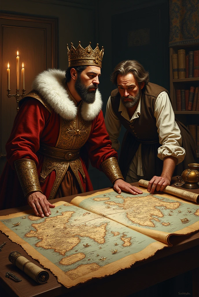 A king first looking at flat maps and a navigator in 1500