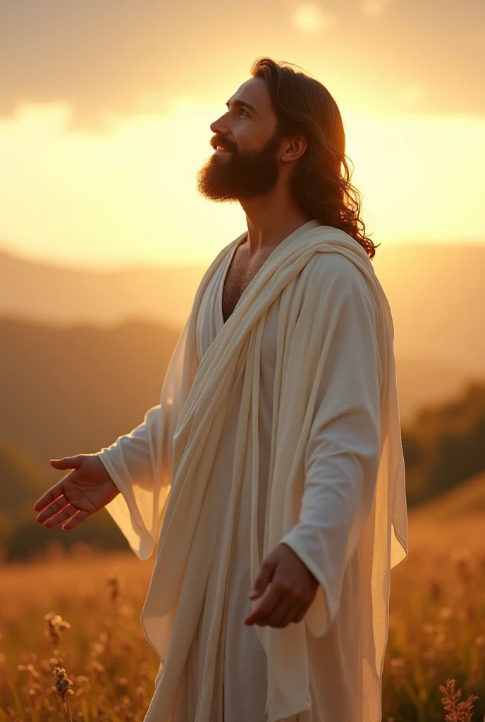 A serene scene of a bearded man resembling a classic depiction of Jesus Christ, standing in a field at sunrise or sunset. His body is slightly turned to the right, not fully facing the viewer but at a gentle angle, with his right side more visible. His both arms are outstretched in a welcoming gesture, and his head is tilted slightly upward, with his gaze directed toward the sky. He has long, wavy brown hair and a well-groomed beard, with a calm and compassionate expression on his face. He is dressed in flowing white robes that drape gracefully over his body. The warm, golden light of the sun reflects off his right side, casting a gentle glow on his face and robes. The background consists of rolling hills and a vast sky with a mix of clouds and soft sunlight, enhancing the tranquil and divine ambiance of the image.