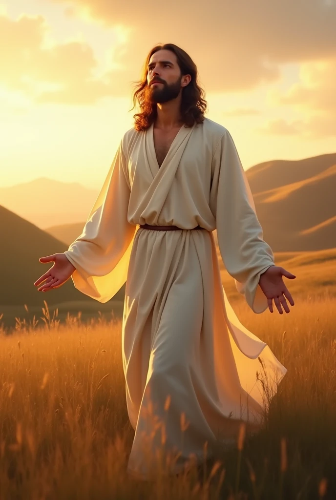 A serene scene of a bearded man resembling a classic depiction of Jesus Christ, standing in a field at sunrise or sunset. His body is slightly turned to the right, not fully facing the viewer but at a gentle angle, with his right side more visible. His both arms are outstretched in a welcoming gesture, and his head is tilted slightly upward, with his gaze directed toward the sky. He has long, wavy brown hair and a well-groomed beard, with a calm and compassionate expression on his face. He is dressed in flowing white robes that drape gracefully over his body. The warm, golden light of the sun reflects off his right side, casting a gentle glow on his face and robes. The background consists of rolling hills and a vast sky with a mix of clouds and soft sunlight, enhancing the tranquil and divine ambiance of the image.