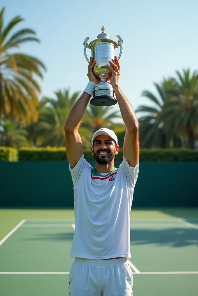 Create an image of an Iranian tennis player, at 2 landing with the ATP 250 trophy, on the court, doha me, Qatar, 8k, Full HD, wallpaper, RAW 