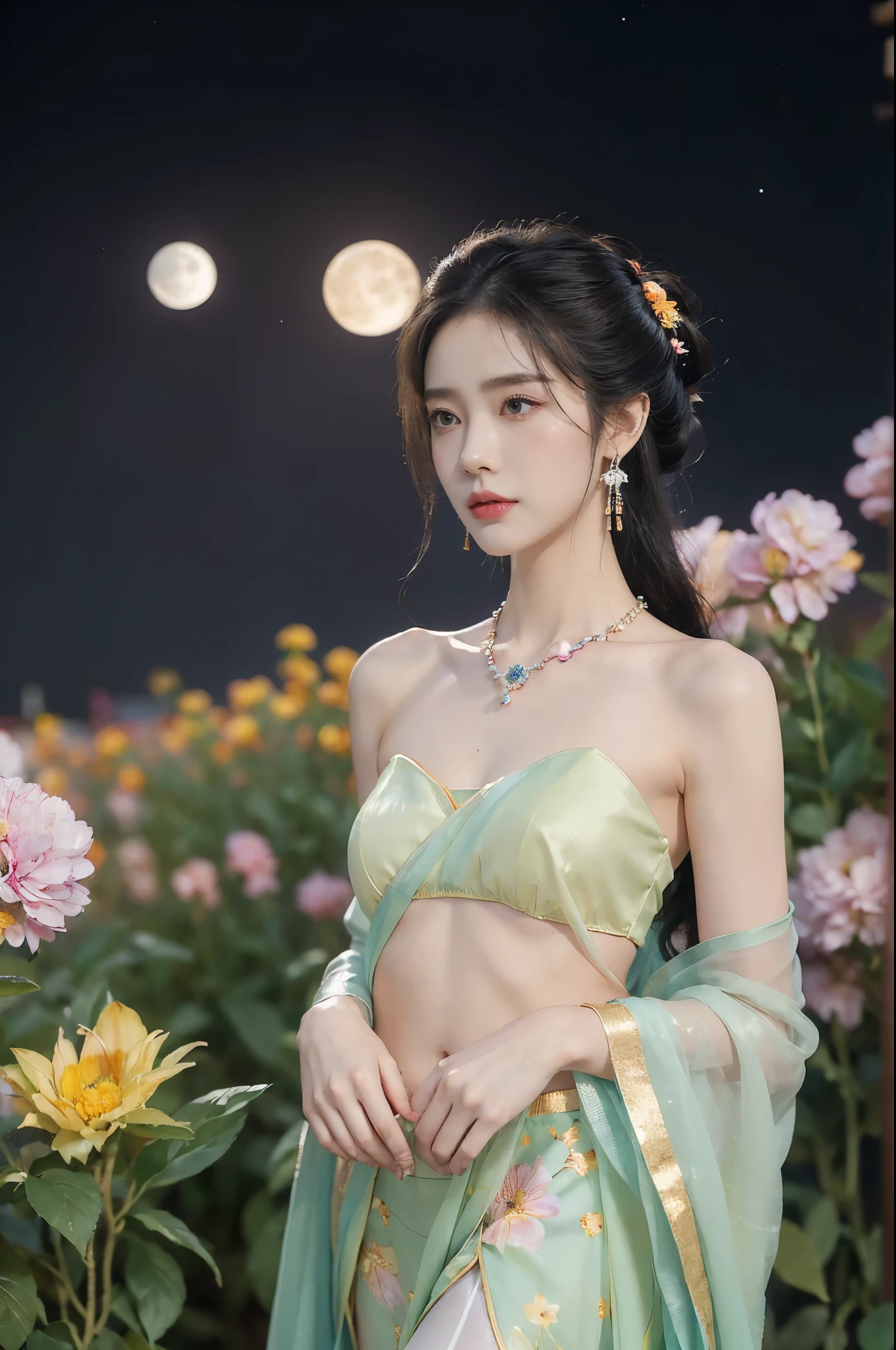 (((best quality))),(((ultra detailed))),(((masterpiece))),illustration,((1 beautiful girl,solo)),(neat chignon:1.2),((earrings,crystal necklace)),((slim,thin)),((small breasts,flat chest)),(slender legs:1.2),(stockings:1.3),(a moon in the clear night sky as the background:1.3), gentle glow,(Standing in the world full of vibrant flowers:1.3),(gorgeous sheer hanfu:1.3),sparkling eyes,graceful,(surrounded by crowded colorful flowers:1.5), kaleidoscope, shimmer,bright moonlight, delicate petals, fragrance, otherworldly, magical realm, enchantment, tranquility, essence of beauty, peace,(outdoor:1.),(night scene:1.3),((from front,upper body))