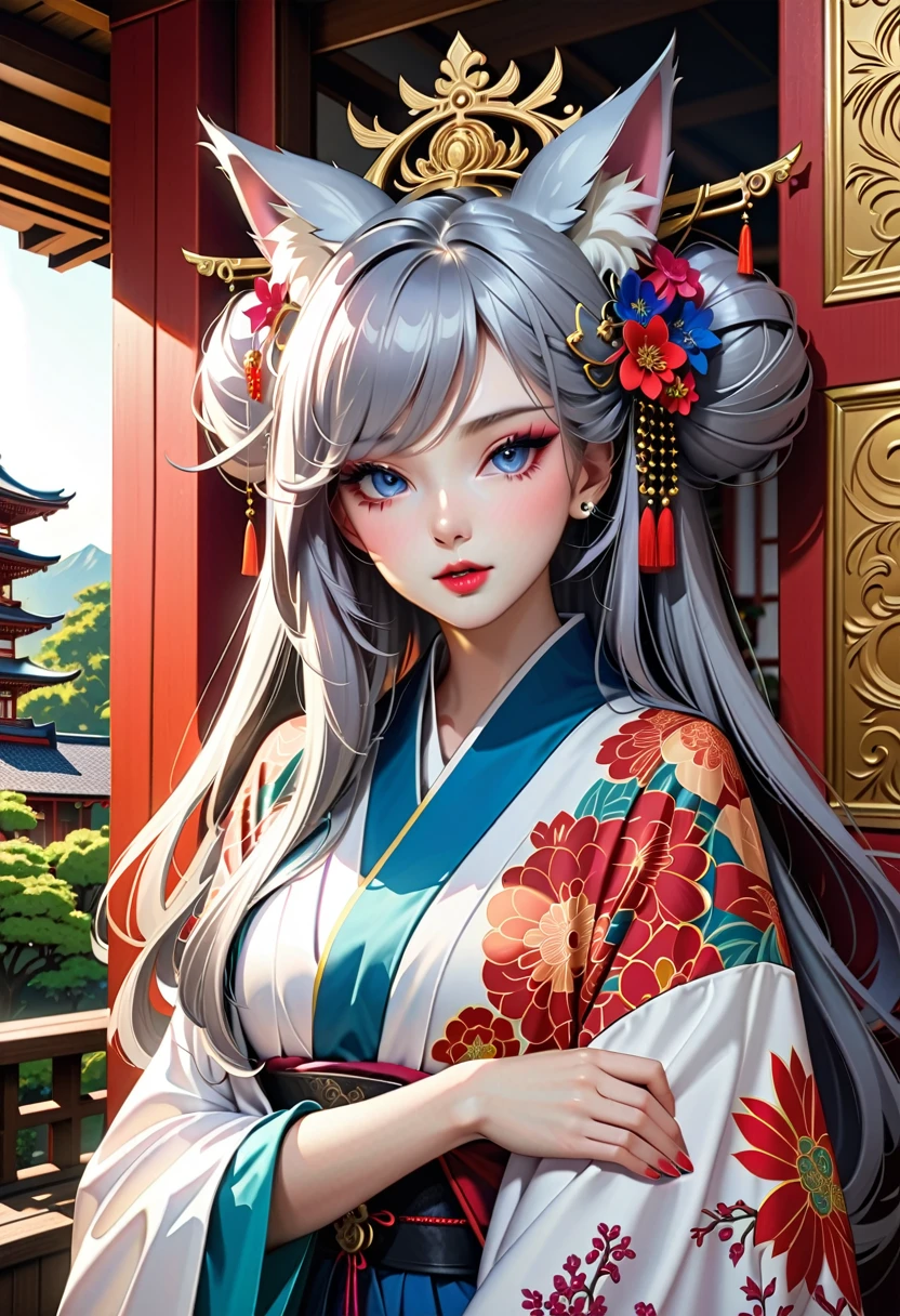 Ink painting, (((1 girl))), (((Tattoo in the middle of the forehead))),(((In the background is the Akatsuki moon))), (((Oiran))), (((Great hair accessories))), Demon possession, ((Masterpiece:1.2)), ((Highest quality)), Extremely detailed and delicate illustration style, Detailed leather texture, Detailed canvas texture, Very detailed description, (Masterpiece T), Extremely beautiful illustration, Highly detailed face, Raw image, professional, Ultra-high resolution panel, Complex details, Superior detail, Intricate decoration details, Perfect anatomy, real, (A very beautiful and kind silver fox woman or girl with blue eyes wearing a kimono), ((Beautiful silver fox ears)), (Beautiful silver fox tail), (Beautiful and shiny silver hair), (Beautiful and clear blue eyes), (Beautiful detailed eyes:1.6), ((Japanese temple priestess style: 1.7)), (Traditional tailored outfit), Front view, White flower kimono, Long red hakama skirt, A maxi skirt, Modestly dressed, He smiles, ((Standing and looking at me)), ((The day)), (Extremely detailed and beautiful Japanese temple construction), (8K Highest quality wallpaper), (Extremely detailed and delicate background)