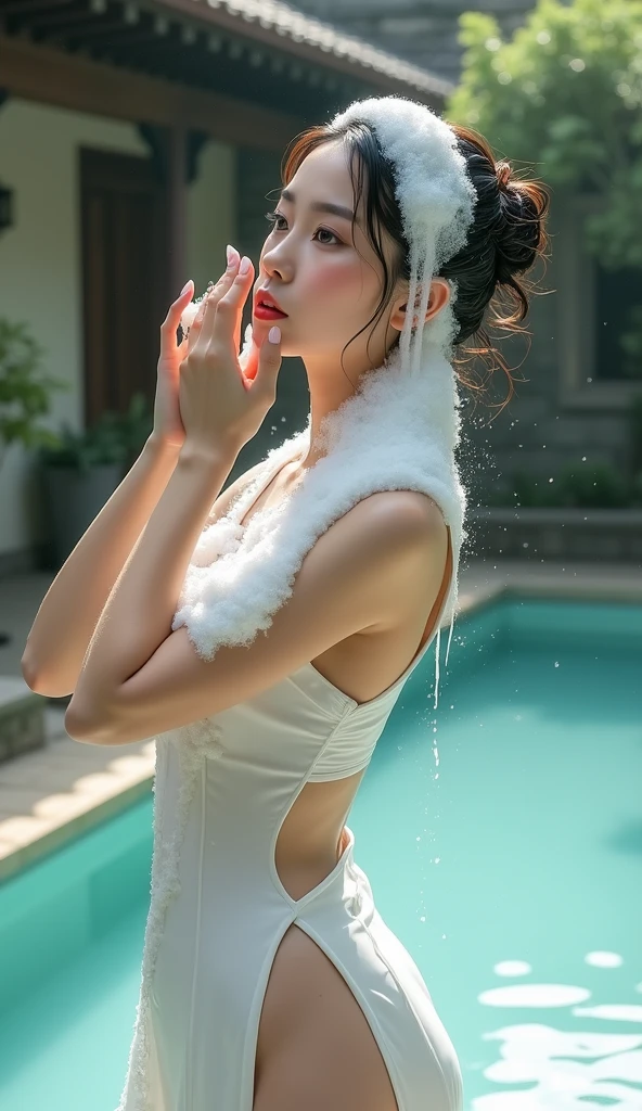Create an Asian beauty，Hair in a bun，Beautiful big eyes，Regular facial features，Normal limbs，Cute big breasts and buttocks，Very large hips，Proud of your figure，White traditional cheongsam，The upper body of the cheongsam covers the entire back and shoulders，Washing hair with both hands above the head，Lots of real white foam on the hair，The hair is covered with white real foam，The expression is happy，The pose，Background in the ancient courtyard swimming pool，Overall figure，Exquisite and detailed，9:16 frames，Ultra HD painting