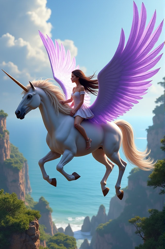 Create a hyperrealistic image of a brunette girl riding a flying unicorn with purple wings over a complex landscape with trees and the sea in the background