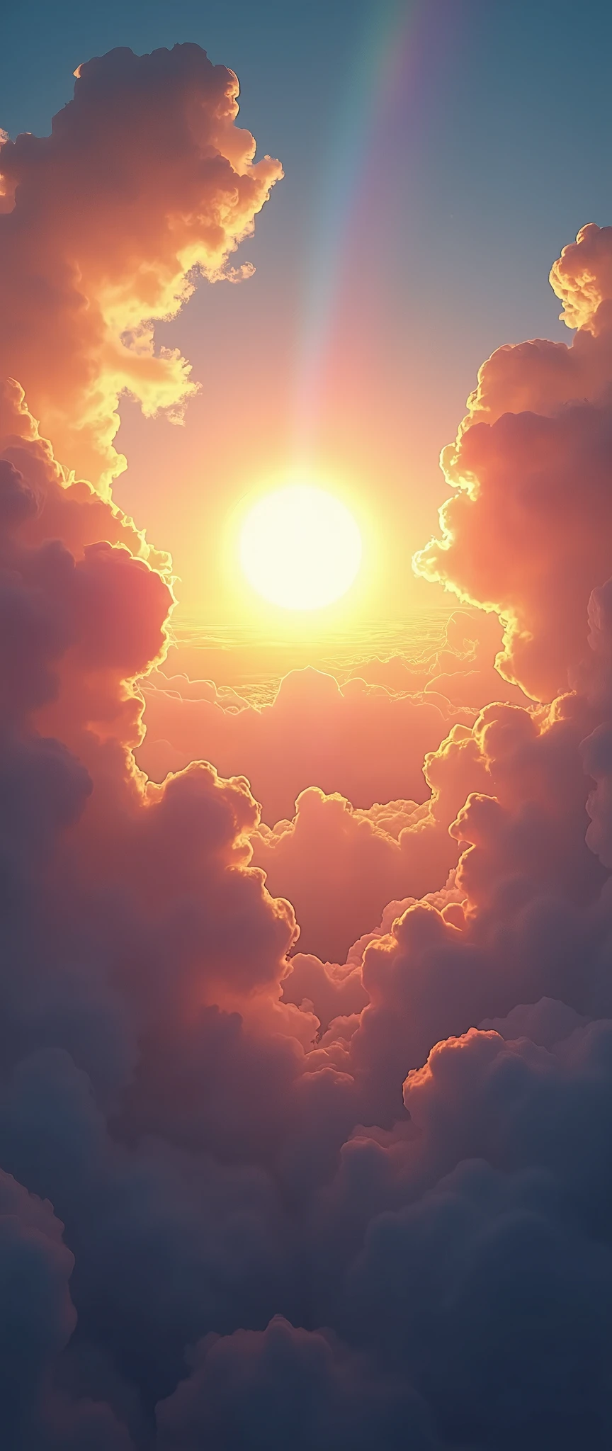 (masterpiece:1.2,Exceptional Quality,mirror-like,Cinematic Experience),8k,wallpaper,(rainbow:2.0),The sun is visible through a round gap in the clouds,(dynamic:2.0)