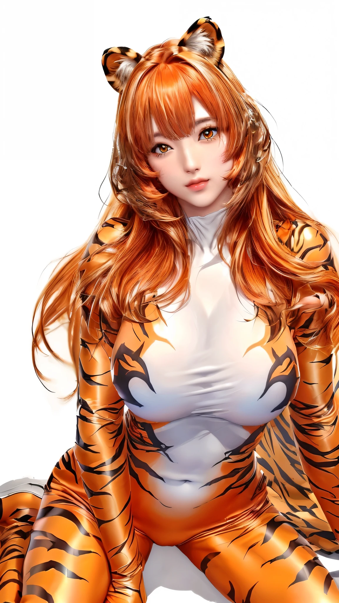 (（（Perfect body,（（（hwjsy, tigerstripebodysuit  ）））,（（（Orange hair, orange long hair, orange straight hair, golden eyes, red lips, pink powder blusher, tiger ear headdress））），((masterpiece)),high resolution, ((Best quality at best)),masterpiece,quality,Best quality,（（（ Exquisite facial features,Looking at the audience,There is light in the eyes,Smile））），）））,（（（Light and shadow,Huge breasts，）））,（（（Looking at the camera,White background,)））)