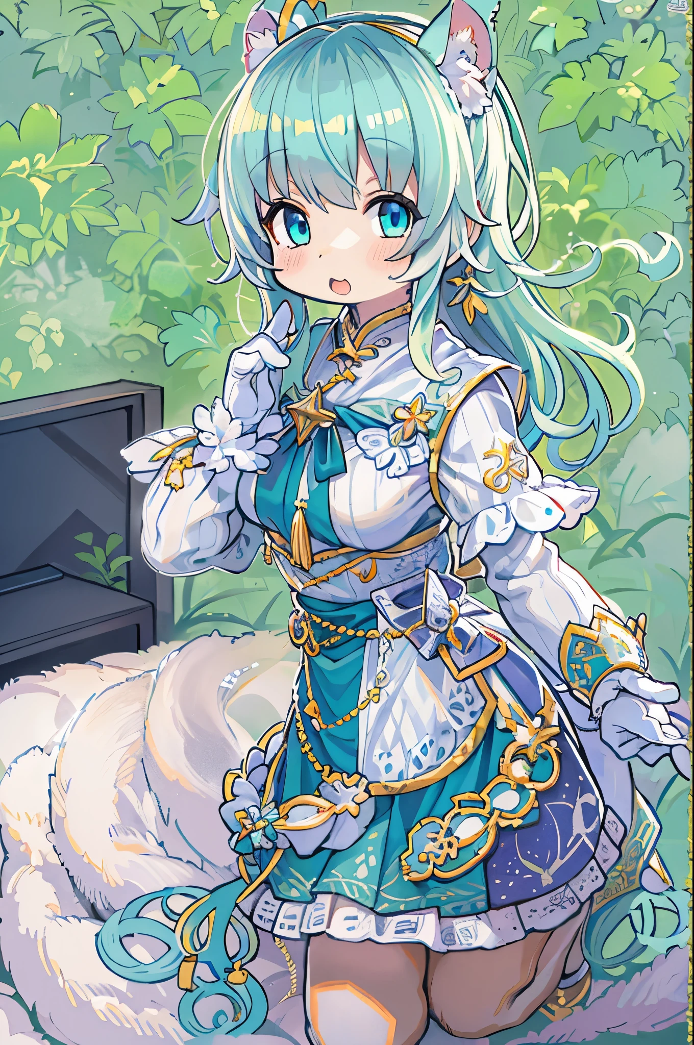 (artwork), (great work), (indirect lighting), (Chibi Cute Studio), (GIFcuteアニメ), (cute cute), (Highly detailed CG 8k unit wallpaper), (One person) cuteドレスを着て, cuteフリルのティアラが付いた長い青い髪, Wearing silk gloves, White skin, Green and blue eyes, (cute)