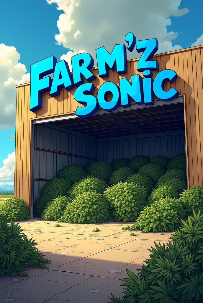 entrepôt avec cargaison de weed et il y'a ecrit Farm'z Sonic en bleu en haut en cartoon