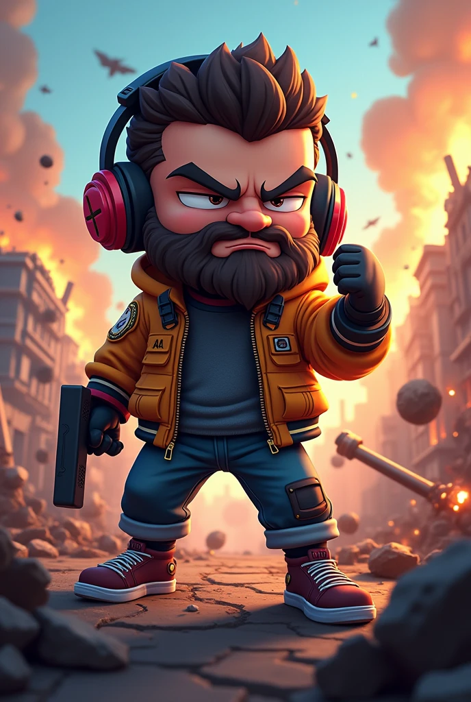 Gaming channel, cartoon character, competitive player, mouth were closed,eye covered , background was in war,face with beard and moustache,anime