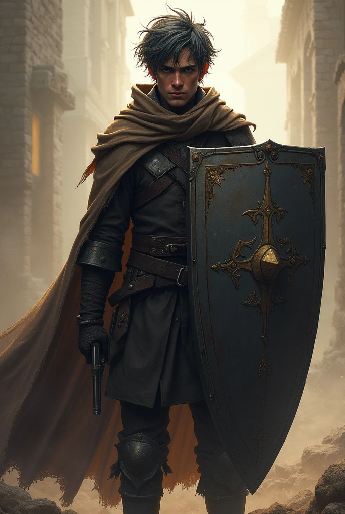Paladin,youth,Justice is done,Knight Hammer,Kite Shield,DND,middle Ages,man,#100: Messy Dark Gray Hair,Wanderer,Slightly vicissitudes