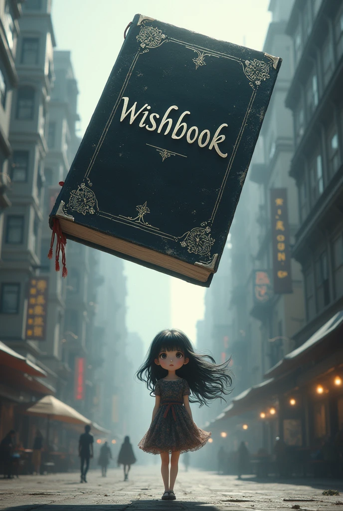 Create an old fashioned black enchanted notebook with only the shiny silver wishbook writing ,falling from the sky onto the city floor above a cute white Asian girl with huge black hair (remake in realistic promotions ,the book is huge compared to the girl)