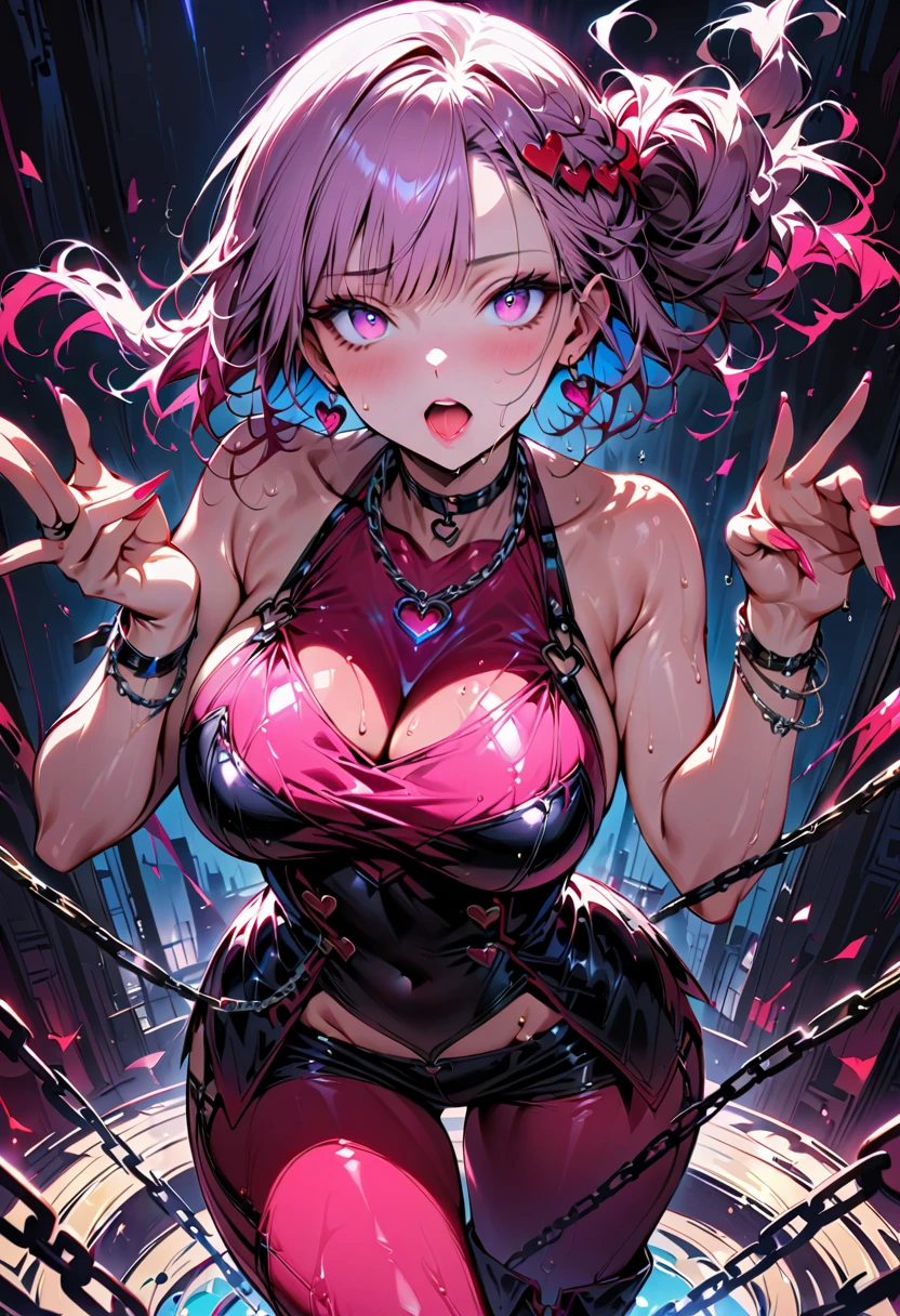 One young and beautiful woman,(Highest quality,Extremely detailed depiction,Incredibly absurd high resolution,Anatomically accurate depiction,Nice hands,Perfect Fingers,Curvy Legs),(Glossのある肌,Oilskin),(Sexy Idol),(Sexy Idol衣装,Cute hairstyle,tights,heart,Chain Choker,boots,Gloss,Chain Accessories,Bracelet made of chain),eyelash,Sweat:0.8(Glowing pink eyes,Large Breasts,Moist pink lips,Mouth open,Red face,Seductive gestures),