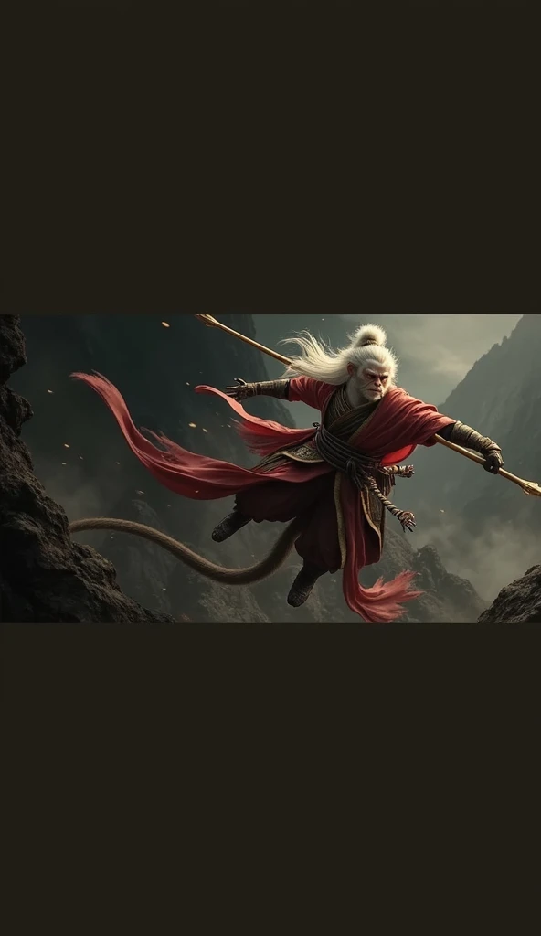 Sun Wukong, the Monkey King of Chinese mythology, is in full armor and wielding his golden staff to fight against enemies. He has white hair on top with long flowing robes behind him. The background is dark gray misty mountain peaks, with smoke rising from below. In close-up shots, he jumps up high and fights, showcasing his power, created using Unreal Engine 5