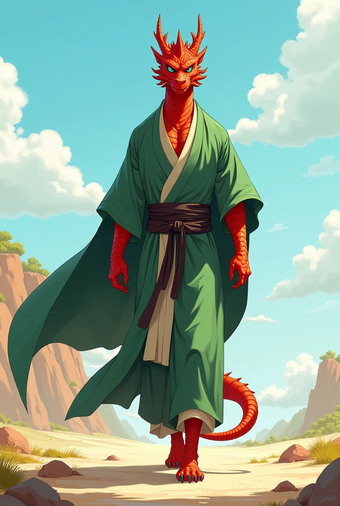 anthropomorphic, red dragonborn, open air, monk wearing an oriental garment that covers his entire body, illustrative art anime style, open plan, red scales, red skinned , long green cape, blue colorede eyes, Monk outfit, athletic body, 1 tail, 8k, high resolution, serious face, walking.