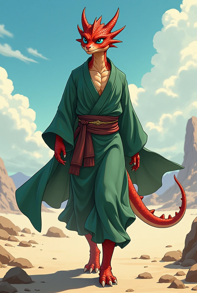 anthropomorphic, red dragonborn, open air, monk wearing an oriental garment that covers his entire body, illustrative art anime style, open plan, red scales, red skinned , long green cape, blue colorede eyes, Monk outfit, athletic body, 1 tail, 8k, high resolution, serious face, walking.