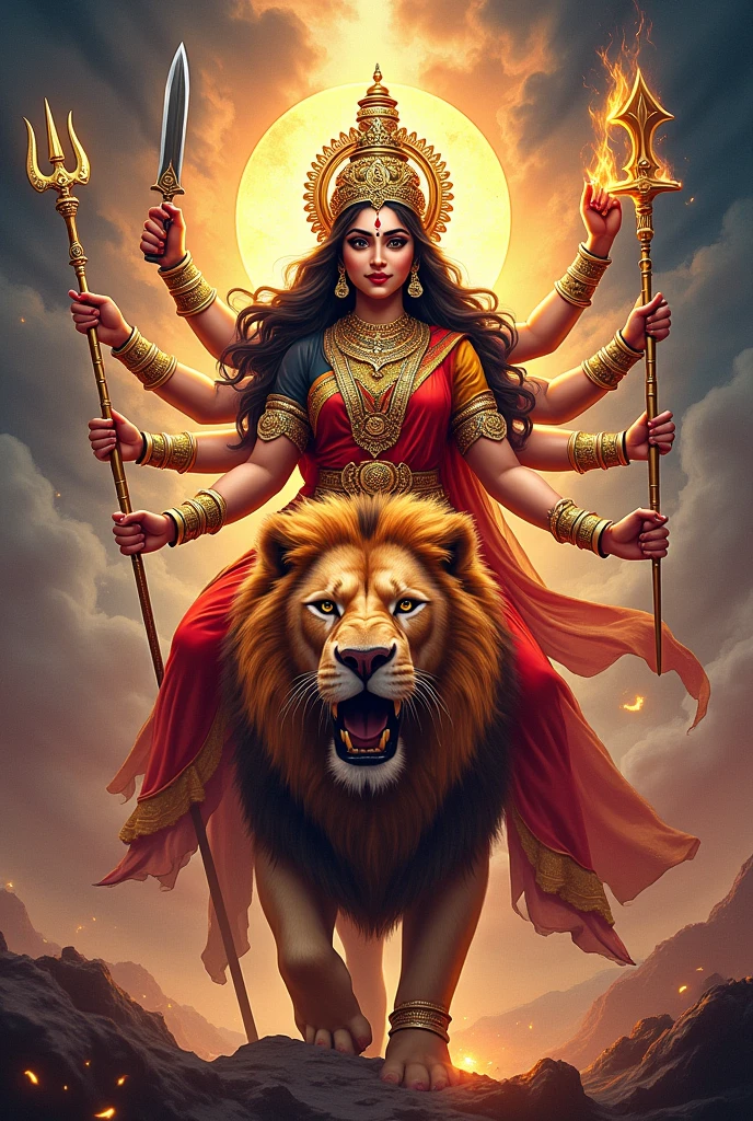 A majestic depiction of Hindu goddess Maa Durga, with ten arms, each holding symbolic weapons like the trident, sword, and lotus. She is seated on a fierce lion, in vibrant traditional Indian colors, with a radiant aura around her. The design should be in a blend of traditional Indian art and modern digital style, with intricate patterns and bold, dynamic lines. Use a color palette of red, gold, and deep blue, with glowing accents.