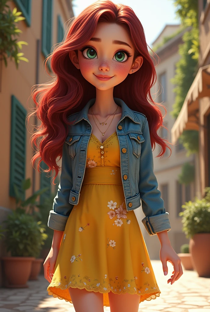Girl with long wavy wine-colored hair, yellow dress with little flowers, jean jacket, Italian background, white sneakers, with freckles, thick lips, white teeth, with dimples in her cheeks, honey green eyes