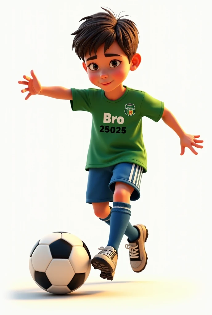 a character kicking a soccer ball, hyper realistic, 1 boy, small black detailed eyes, beautiful big lips, extremely detailed face, large tapered chin, brown hair, green t-shirt with the name BRO and below the name BRO the number 25025 printed, blue pants, knee-high socks, soccer player style, intricate details, volumetric lighting, dramatic chiaroscuro, cinematic lighting, award-winning digital art, masterpiece, high quality, 8k, photorealistic, studio lighting, physically based rendering, vibrant colors, warm color palette, pixar style, Disney. white background, keep the characteristics of the character seed 2134937326