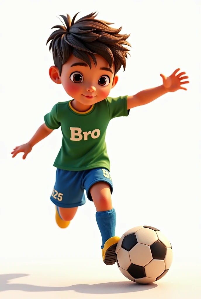 a character kicking a soccer ball, hyper realistic, 1 boy, small black detailed eyes, beautiful big lips, extremely detailed face, large tapered chin, brown hair, green t-shirt with the name BRO and below the name BRO the number 25025 printed, blue pants, knee-high socks, soccer player style, intricate details, volumetric lighting, dramatic chiaroscuro, cinematic lighting, award-winning digital art, masterpiece, high quality, 8k, photorealistic, studio lighting, physically based rendering, vibrant colors, warm color palette, pixar style, Disney. white background, keep the characteristics of the character seed 2134937326