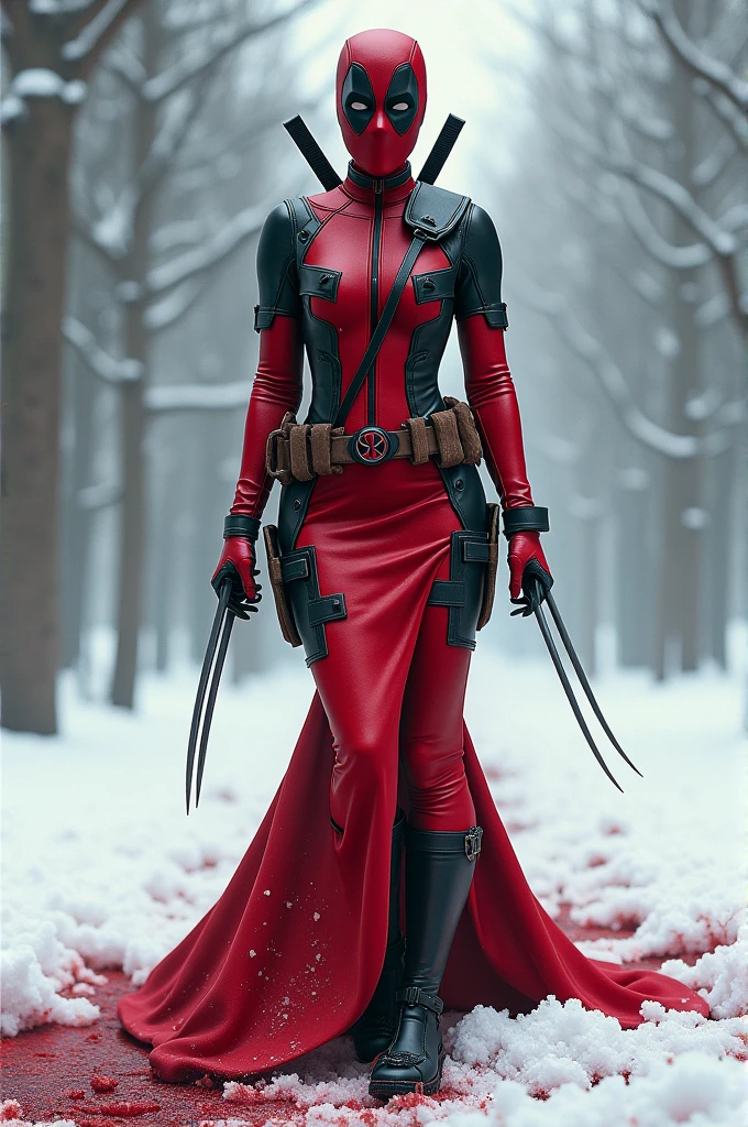 Deadpool like dresss with snow blood background an with wolverine 