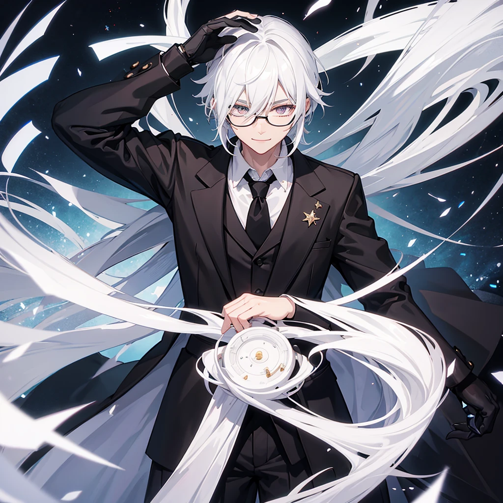 1 , White hair,gojo glasses, shorth hair, Canine smile, black overcoat, black backdrop, 2d image, high qualiy