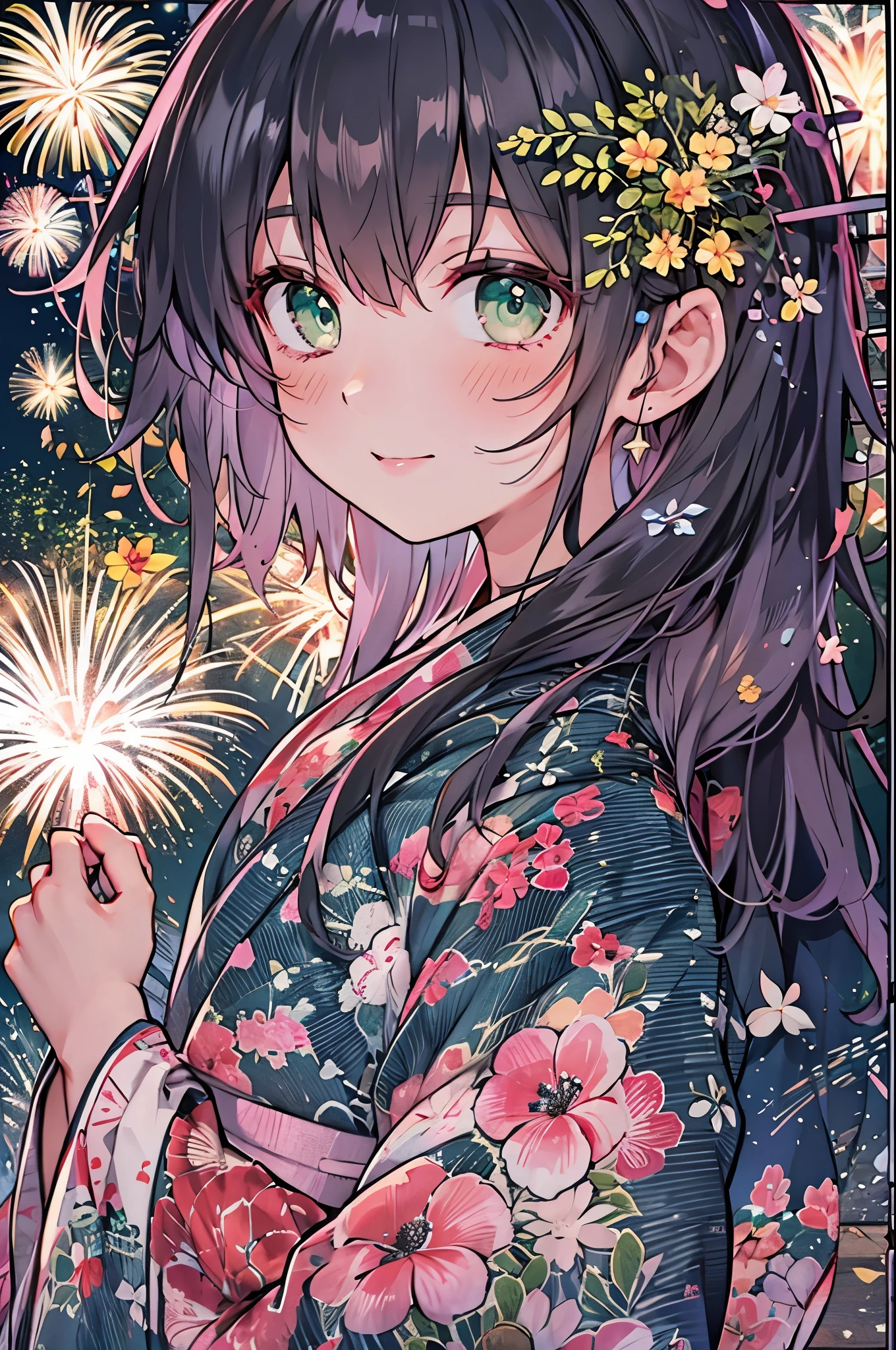 ((Highest quality, 8k, masterpiece: 1.3)), whole body,1 personの,1 person,,Glamorous Body,cute,smile,Black Hair,Beautiful emerald green eyes,long hair,Back view,((Watch the fireworks)),((yukata,Bright pink sheer fabric,Morning glory pattern)),summer night,Fireworks are going off,