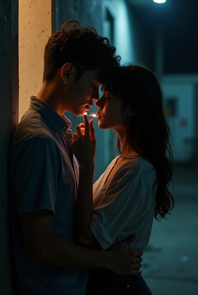 A boy is standing to the wall in the midnight in low light holding a girl from the back. The girl is resting over the boy by plasing her back body to the boys chest. The girl is holding a cigeratte in her hand and helping the boy to smoke by bending her hand backside and the boy is puffing the cigeratte from in the girls hand. Make the image as the camera is infront of the boy and girl