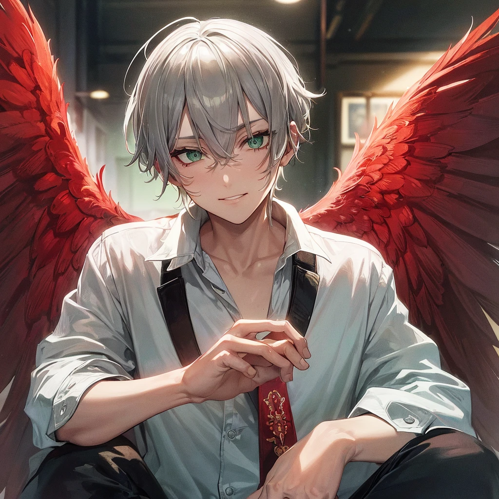 masterpiece, Shortcuts, Silver Hair, Big red wings,Green Eyes, Droopy eyes, White shirt,smug face, One person, woman