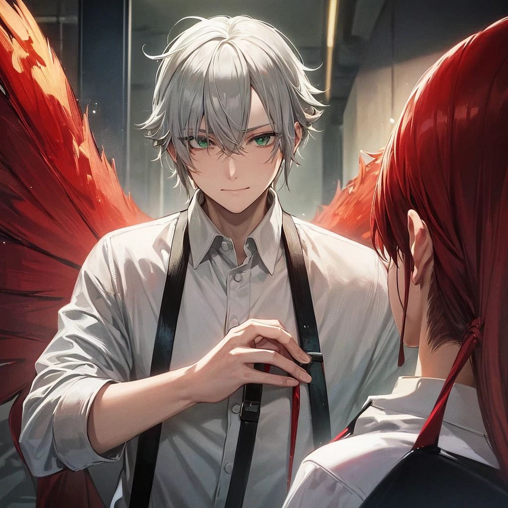 masterpiece, Shortcuts, Silver Hair, Big red wings,Green Eyes, Droopy eyes, White shirt,smug face, One person, woman