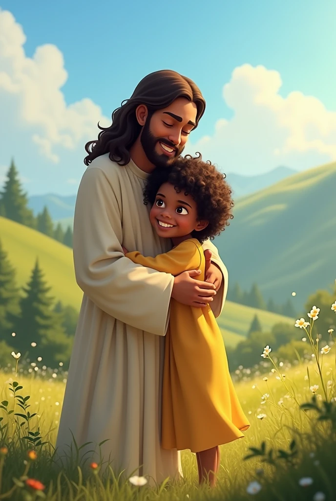 pixar character, child hugging Jesus in a beautiful landscape, dark brown skin, calebo liso, Grinning