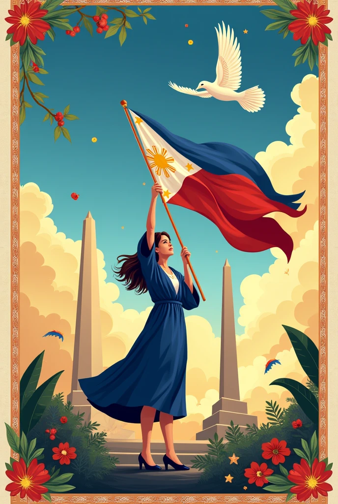 Filipino Language poster drawing.
Rizal monument background with white dove flying, Philippine Flag raise by a girl Graduation outfit, with baybayin and katutubo vibes