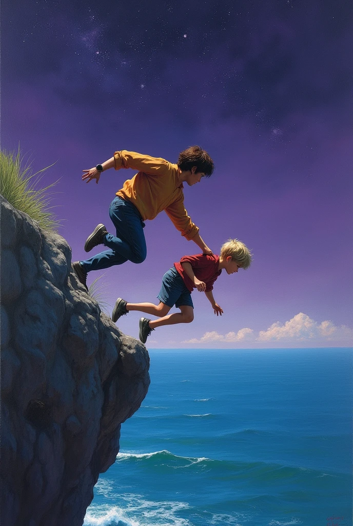 Draw the cover of a fantasy time travel novel,An overlapping picture of a middle-aged man with brown hair and a boy with blond hair.,The blond boy grew up to become the brown-haired middle-aged man,But because of the intersection of time, they met and ended up jumping off a cliff.,The dark purple sky above is dotted with stars, gradating to the deep blue sea below as the background of the picture.,Make the painting more tragic,Using the style of Korean comics。