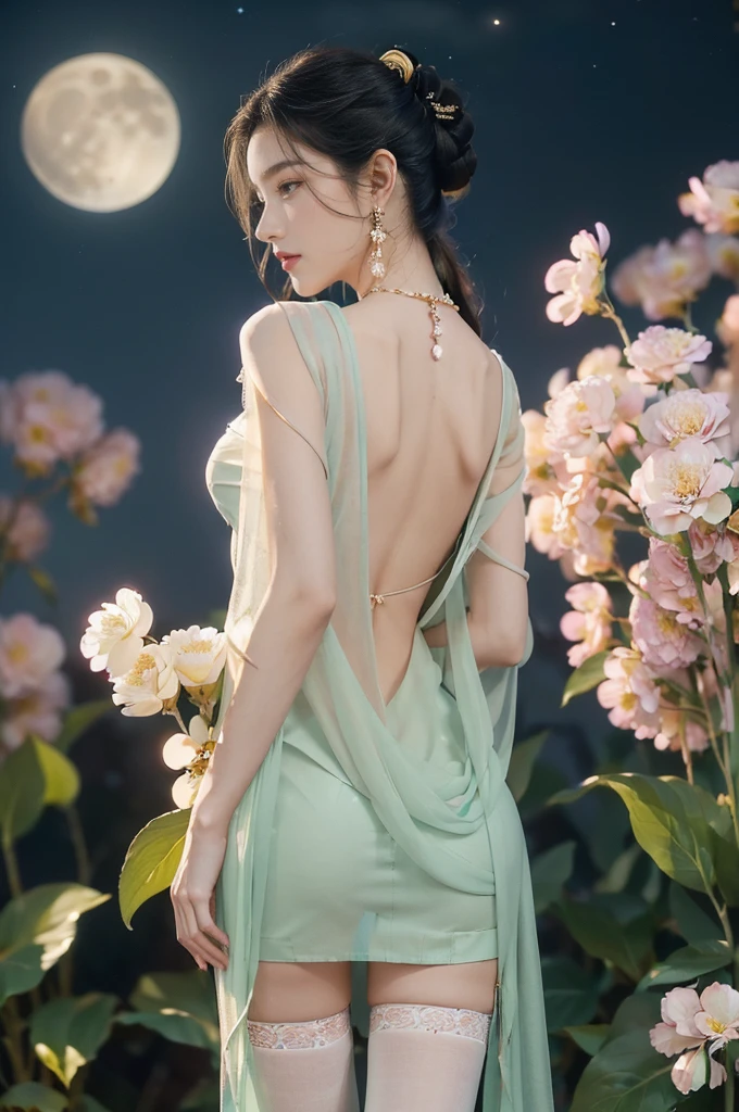 (((best quality))),(((ultra detailed))),(((masterpiece))),illustration,((1 beautiful girl,solo)),(neat chignon:1.2),((earrings,crystal necklace)),((slim,thin)),((bare back,towering hips,butt crack)),(stockings:1.3),(a moon in the clear night sky as the background:1.3), gentle glow,(Standing in the world full of vibrant flowers:1.3),(gorgeous sheer hanfu:1.3),sparkling eyes,graceful,(surrounded by crowded colorful flowers:1.5), kaleidoscope, shimmer,bright moonlight, delicate petals, fragrance, otherworldly, magical realm, enchantment, tranquility, essence of beauty, peace,(outdoor:1.),(night scene:1.3),((from back,upper body))