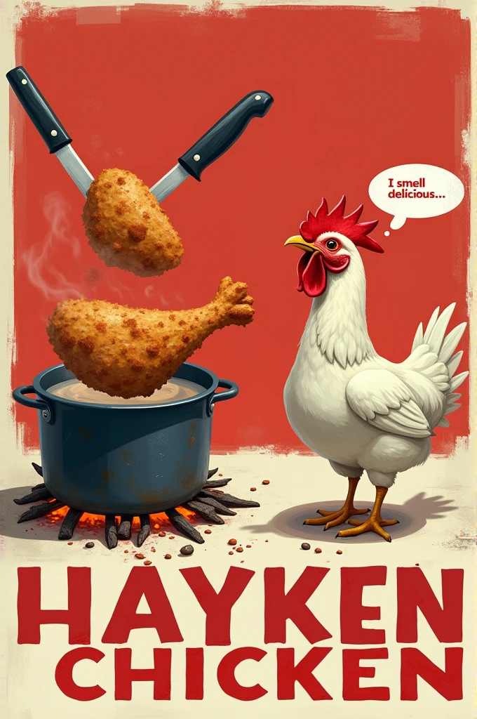 rompts
Copy
Background red and white, a pot on a top a fire, alive chicken in side the pot, two knifes crossed each other on the top,fried chicken on a side and a recipe on the other side, the chicken looking at the the fried chicken, write "I smell Delicious ..." as a thought on the top of the chickens head,Write boldly with red and white letters" Hayken Chicken" At the bottom