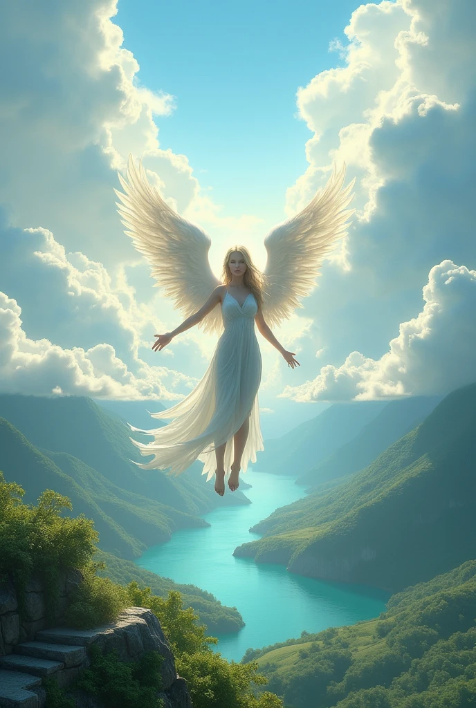 criatura angelical, realistic clouds, Paradise