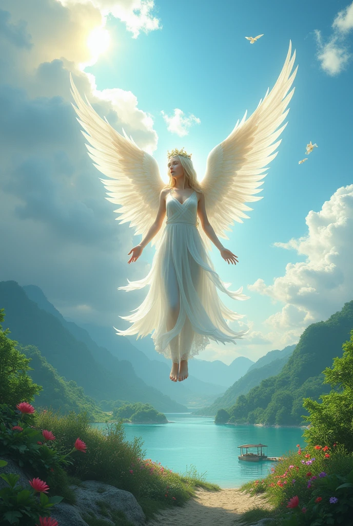 criatura angelical, realistic clouds, Paradise